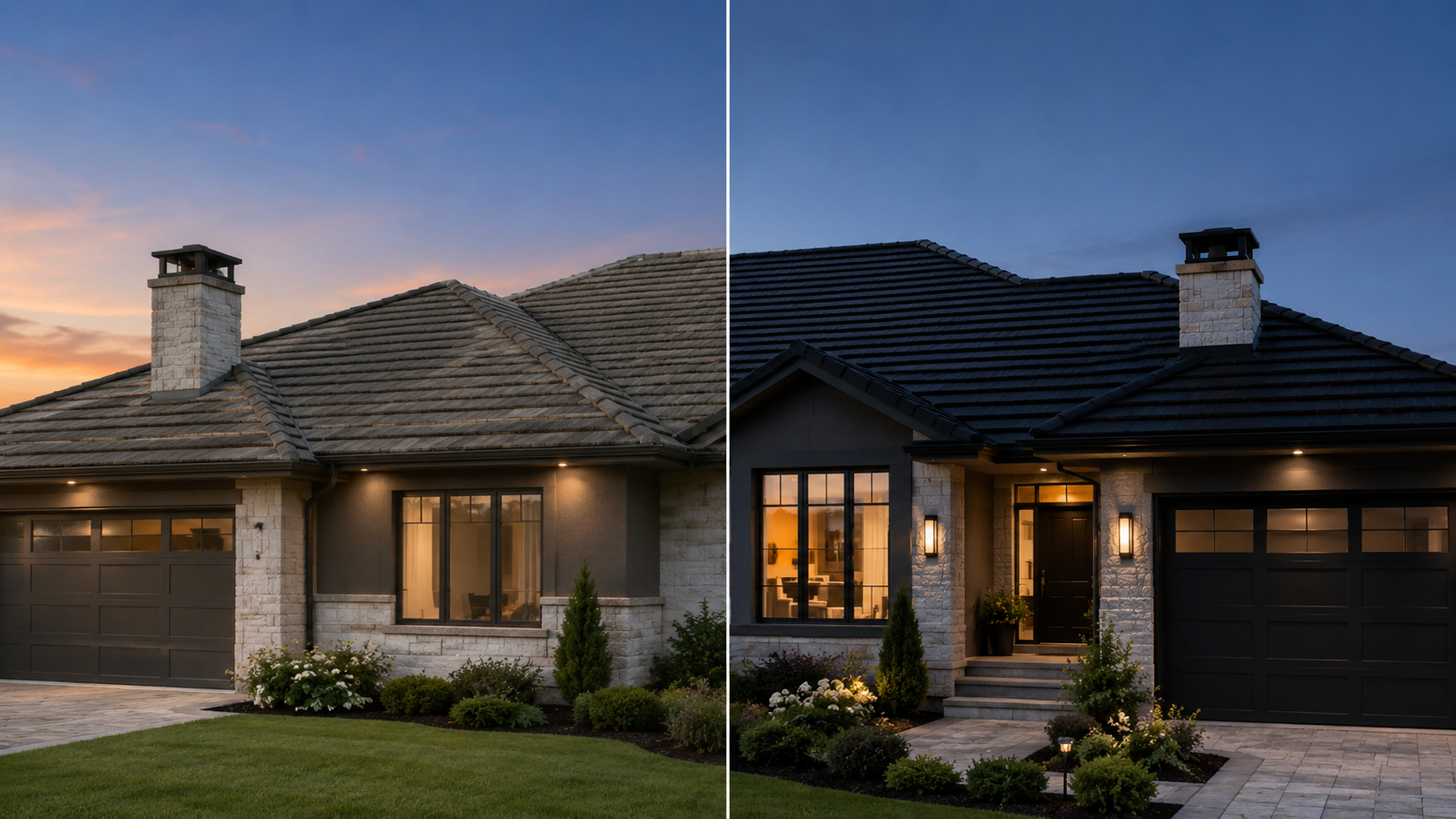 Before-and-after of a restored tile roof in Maroochydore, Sunshine Coast