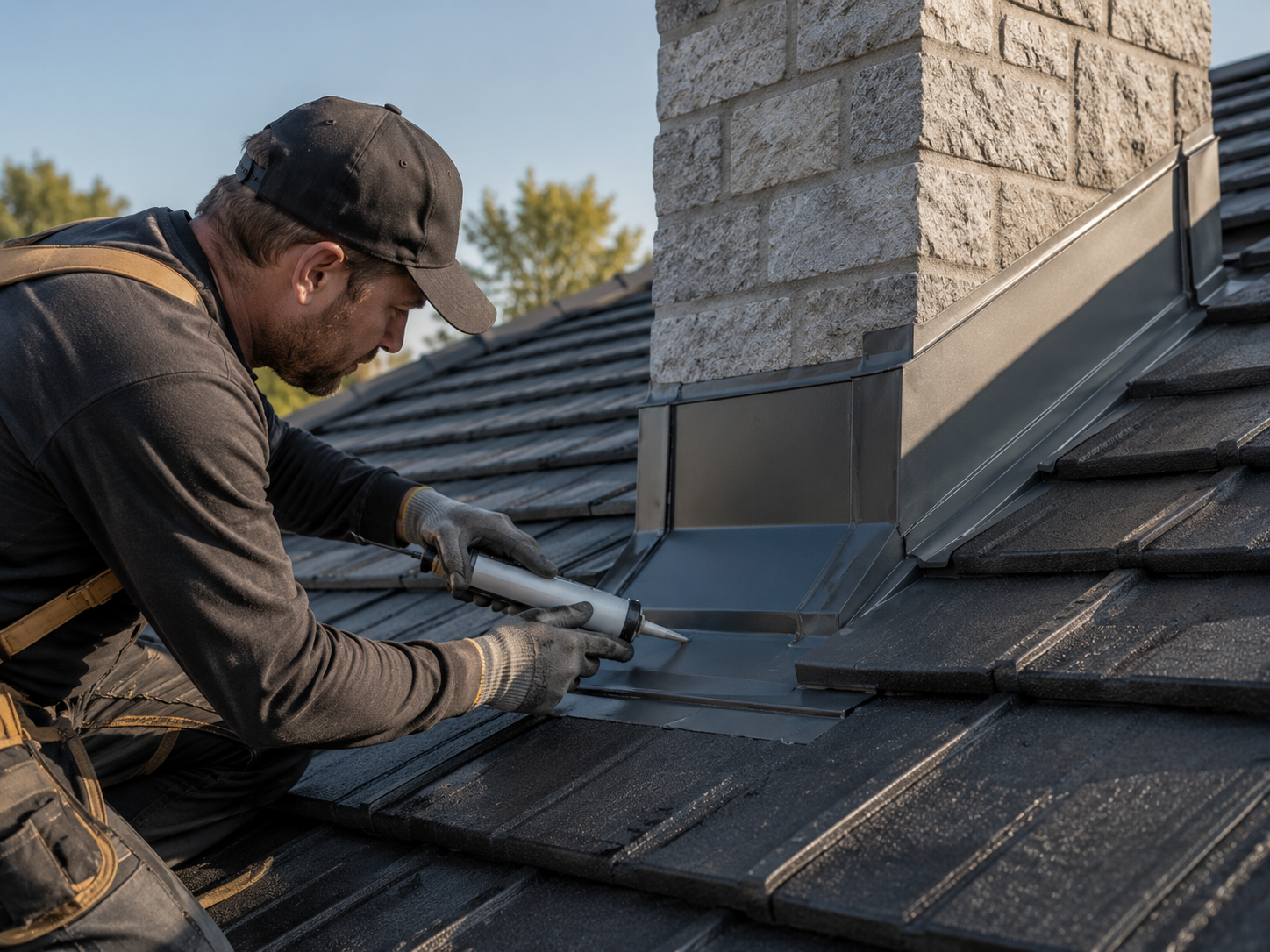 Close-up of roof restoration work on a Sunshine Coast tile roof
